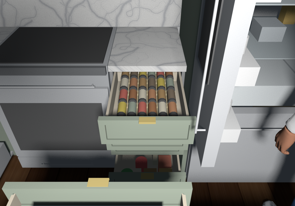 Everything open (v0.2.2), from above the DB18 4DWR beside the range: SDIAK18 spice inserts in the standard drawers (jars on their sides, caps to the front), refills and tall Cajun canisters in the large drawer