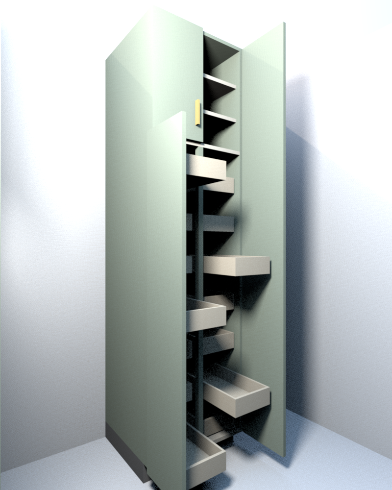 Pantry option A: a column of roll-out trays behind each tall door