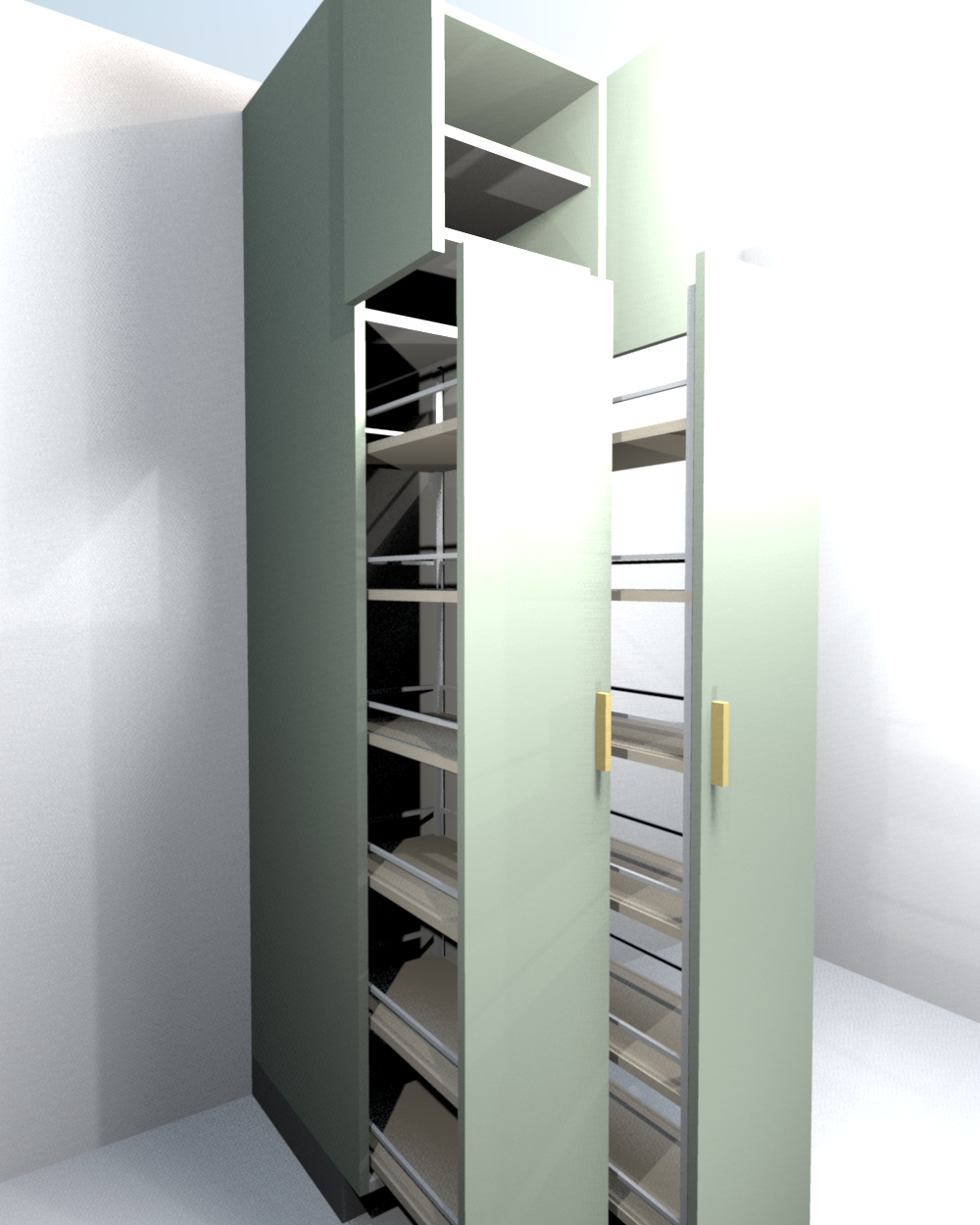 Pantry option B: each tall door slides out as a shelf tower