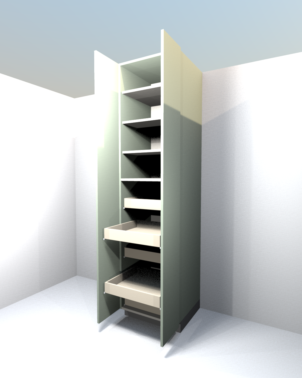Pantry option C: one column of 21 in wide roll-out trays behind the two hinged 50 in doors (stock UT2424 X 96 split)