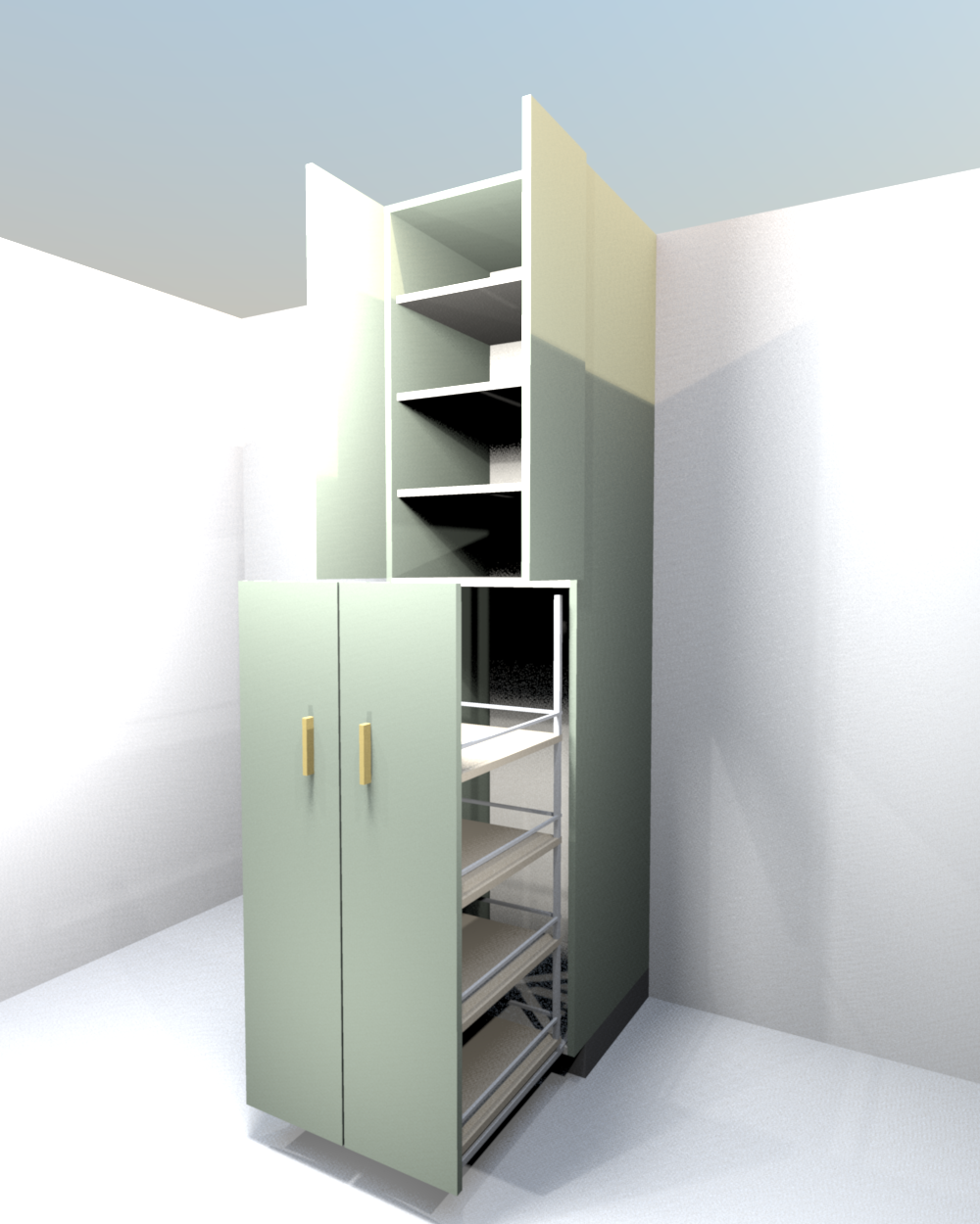 Pantry option D: both 12 in door panels fixed to one 24 in pull-out frame, the whole front travels out