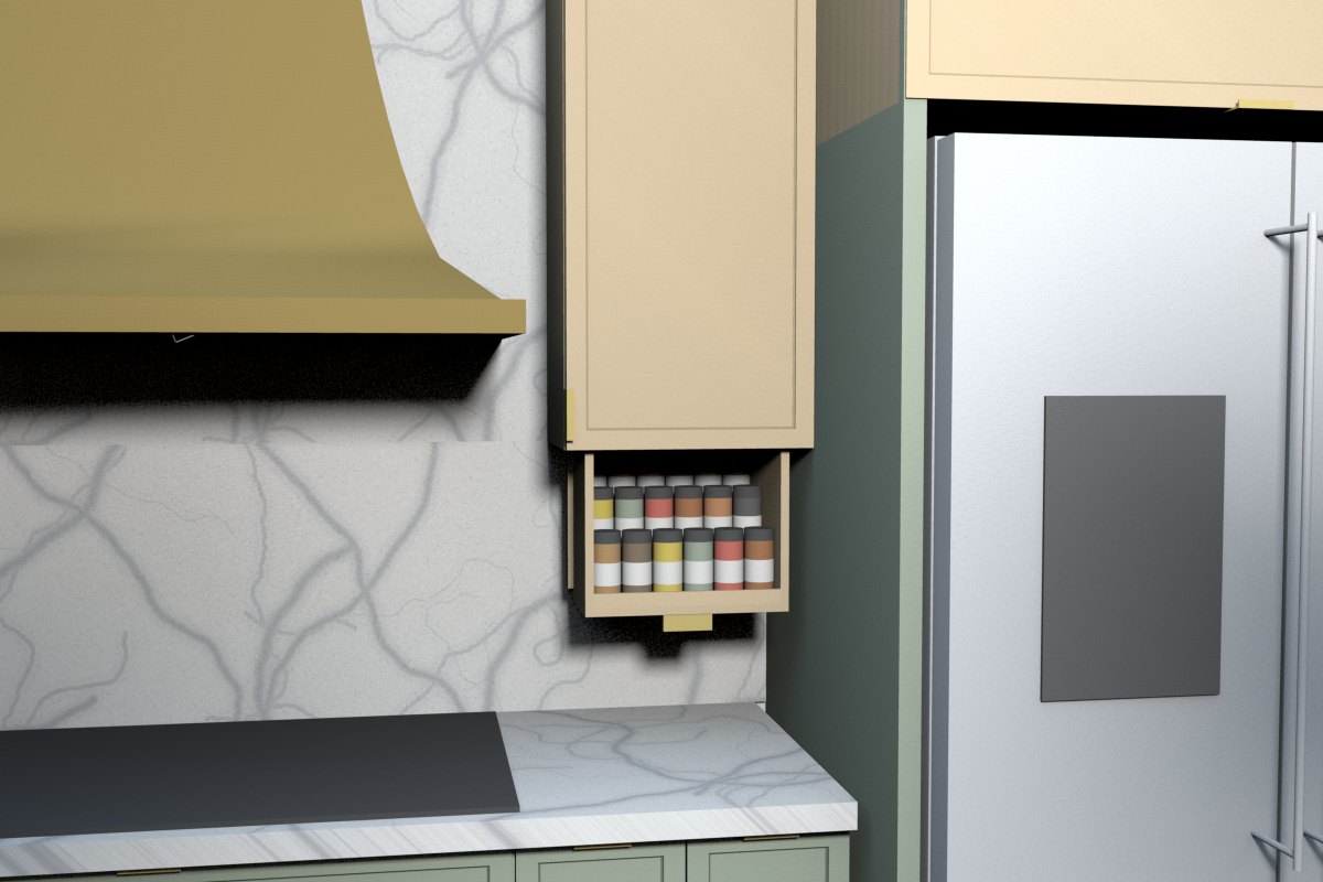 A, dropped: the rack has come straight down 10 in on its slides, door still shut; three stepped tiers, 18 standard jars, bottom 8 in above the counter