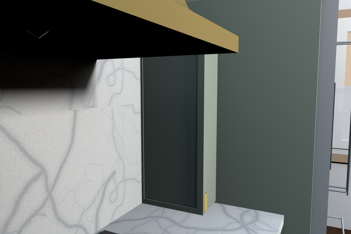 C, closed: W1230 RD-6 (12 in out from the wall, 6 in thick, 30 in tall) standing on the counter against the fridge return, door facing the cooktop
