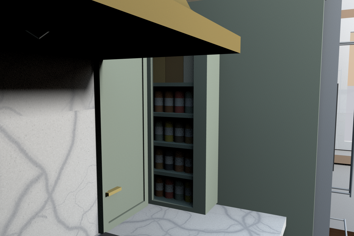 C, open: door hinged at the wall, folded flat onto the backsplash; four shelves of 5 jars and a taller top shelf for 3 large containers
