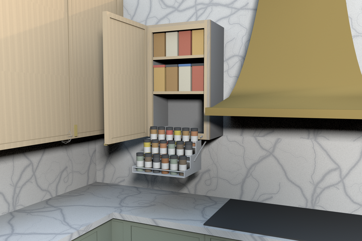 B, open: door open, Hardware Resources TTSPD-R 3-tier rack swung forward and down out of the bottom; large containers on the two shelves above